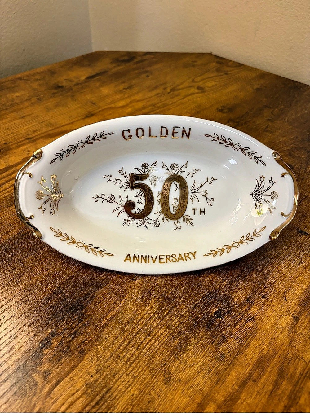 Norcrest Golden 50th Anniversary platter Floral White & Gold
